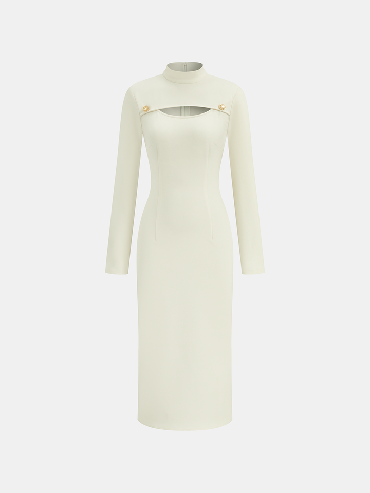 Stand Collar Long Sleeve Cut-Out Fitted Dress
