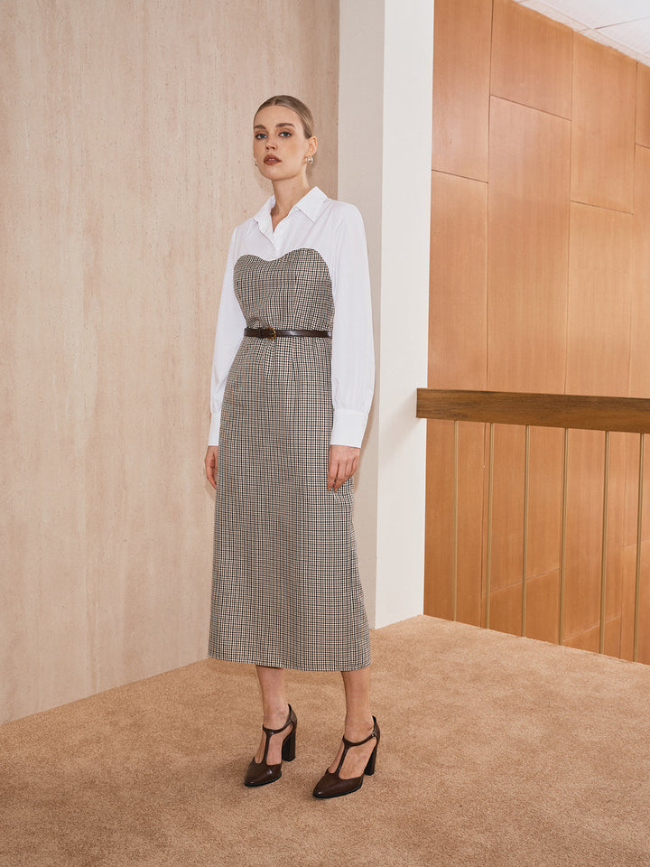2 in 1 Shirt Plaid Panel Midi Dress with Belt