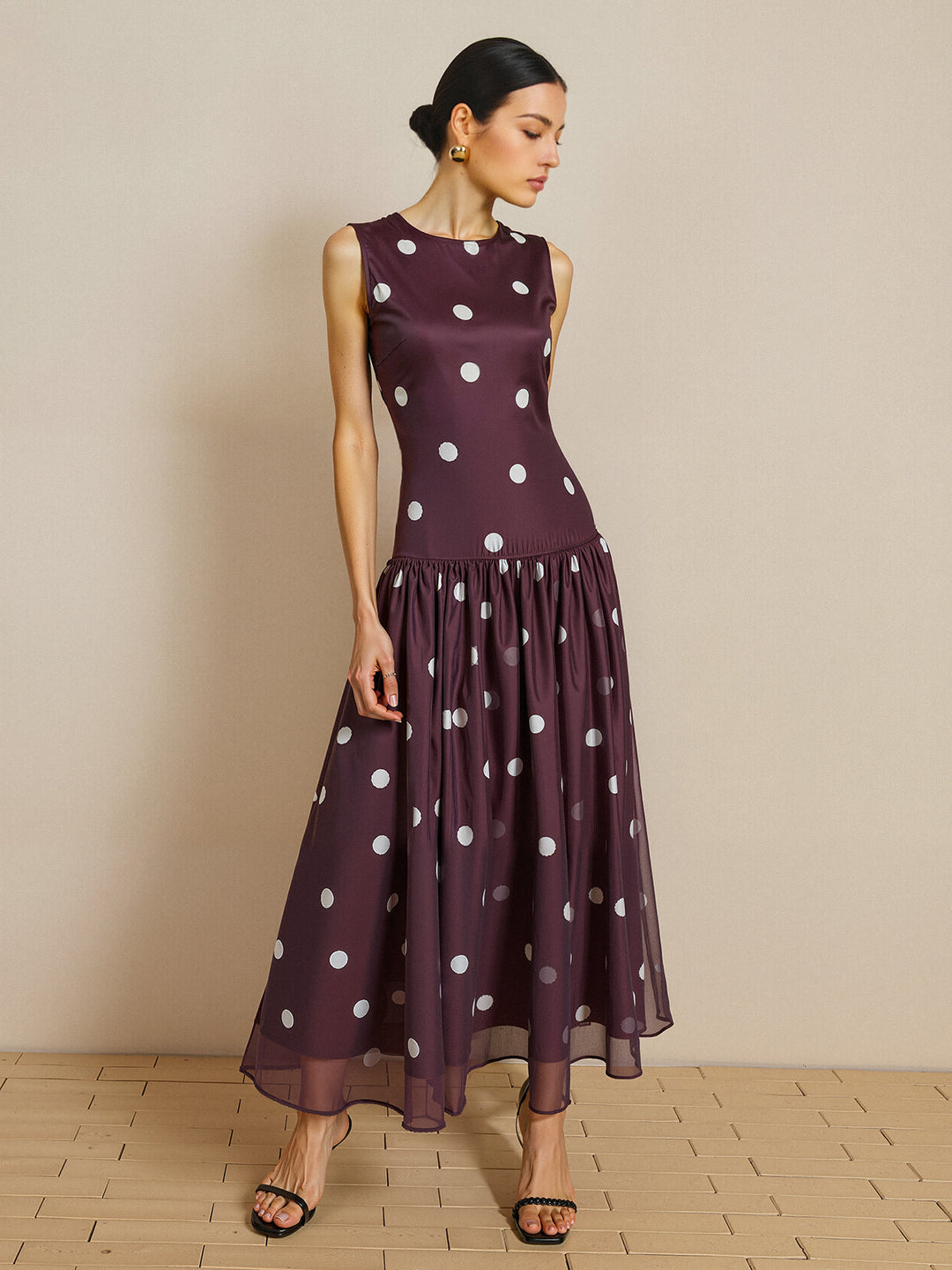 Polka Dot Sleeveless Chiffon Maxi Dress