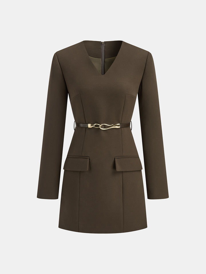 Belted V-Neck Tailored Dress