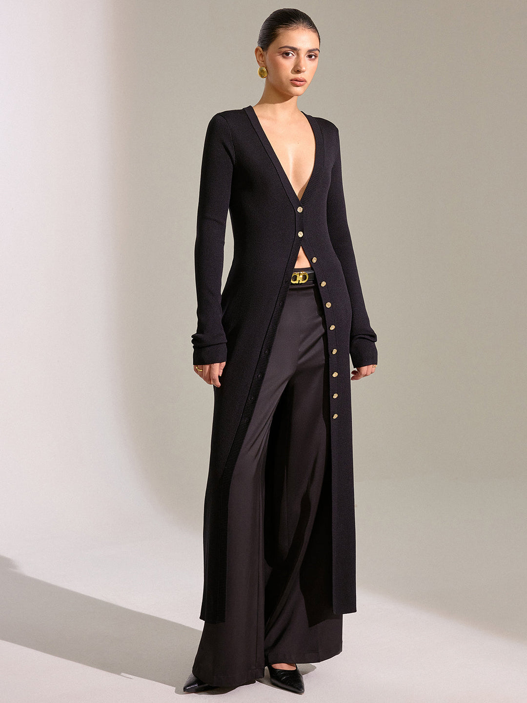 Metal Button Longline Knit Cardigan Dress