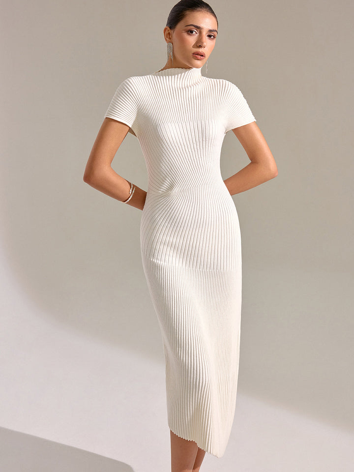 Mock Neck Short Sleeve Asymmetric Hem Maxi Dress