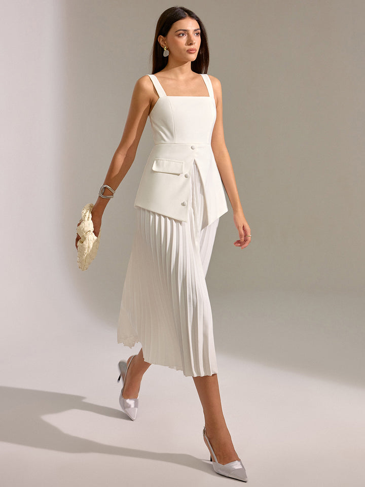 Square Neck Vest Panel Pleated Maxi Dress
