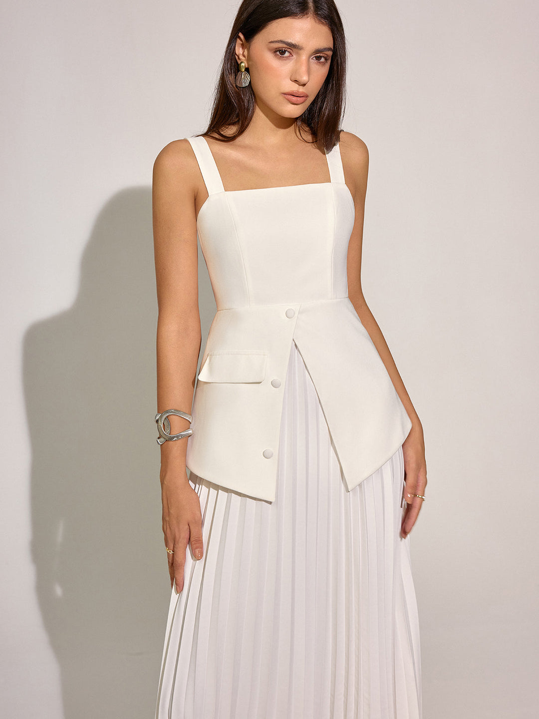 Square Neck Vest Panel Pleated Maxi Dress