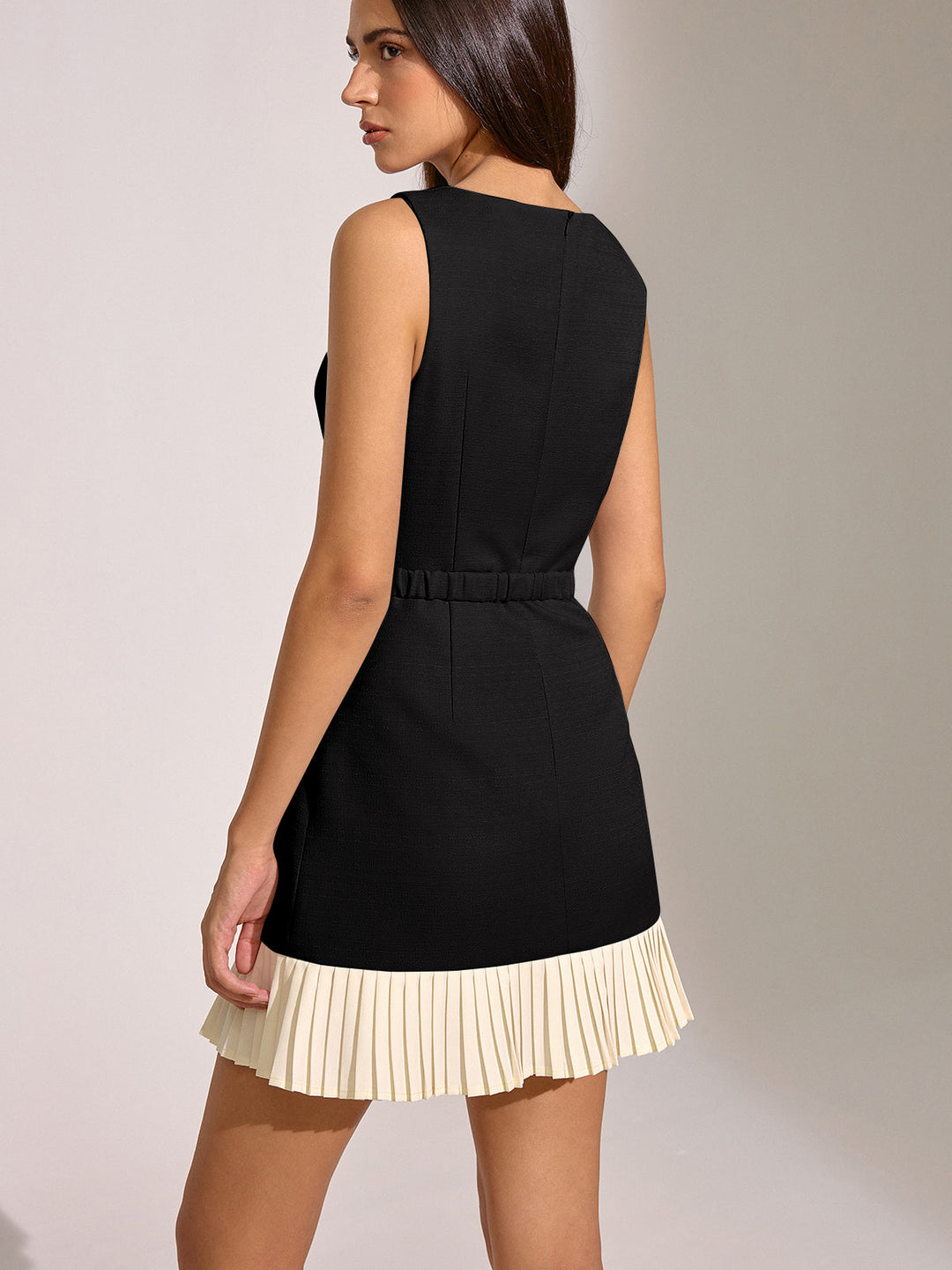 Contrast Pleated Hem Sleeveless Belted Mini Dress