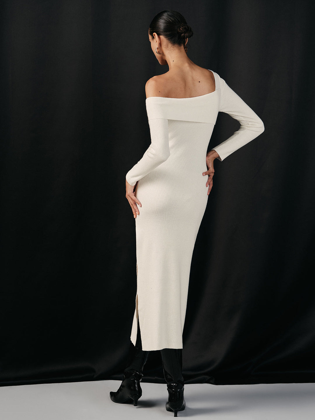 One Shoulder Wool Blend Knit Midi Slit Dress