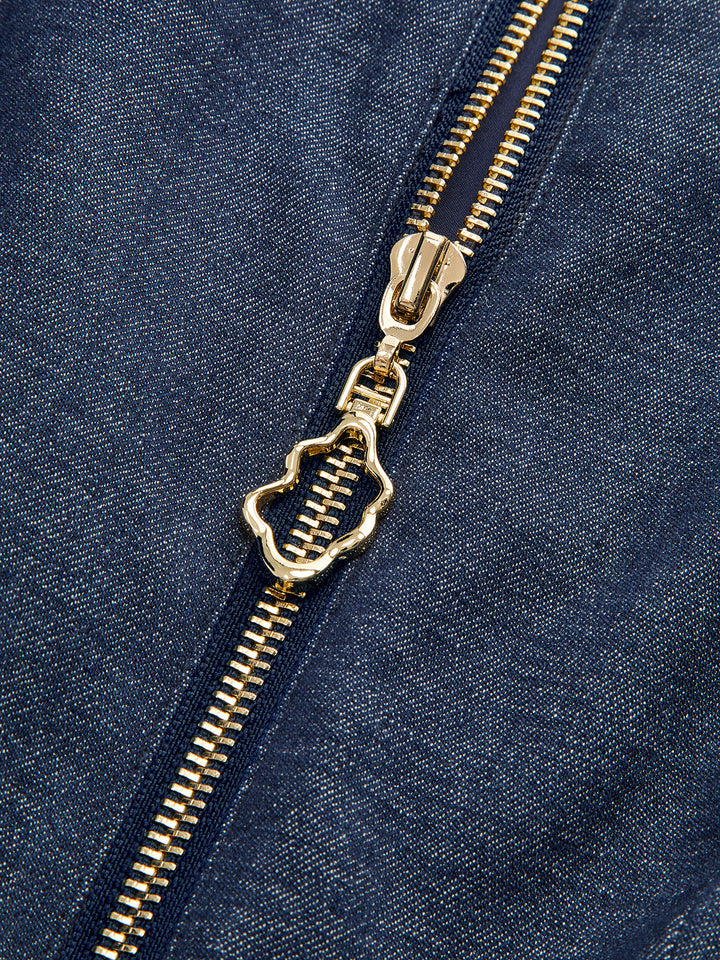 Denim Short Sleeved Zip-Front Mini Dress