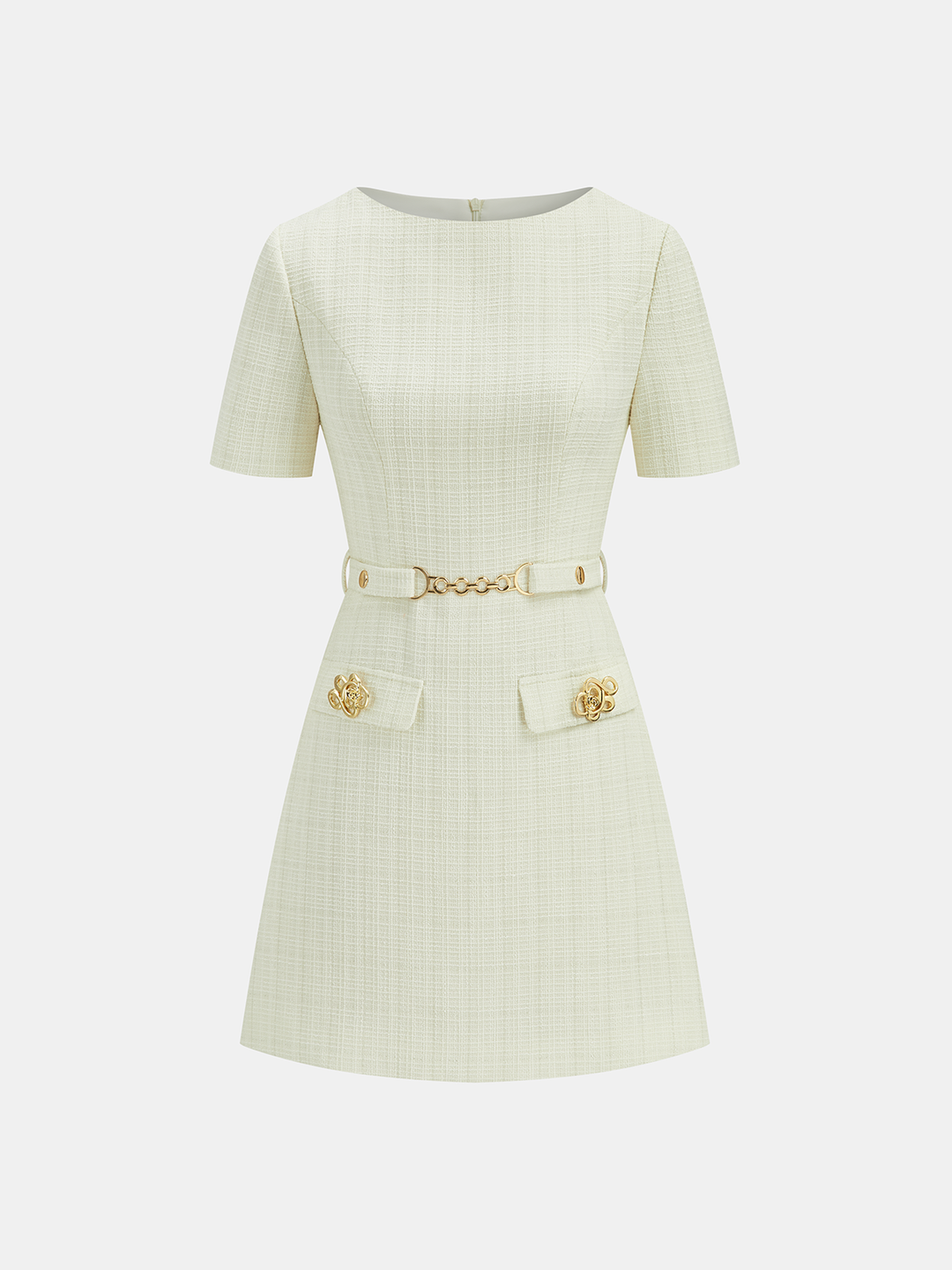 Metal Detail Tweed Belted Mini Dress