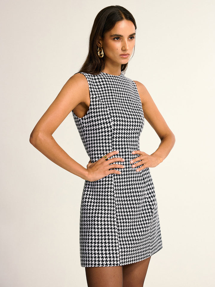 Houndstooth Sleeveless A-Line Mini Dress
