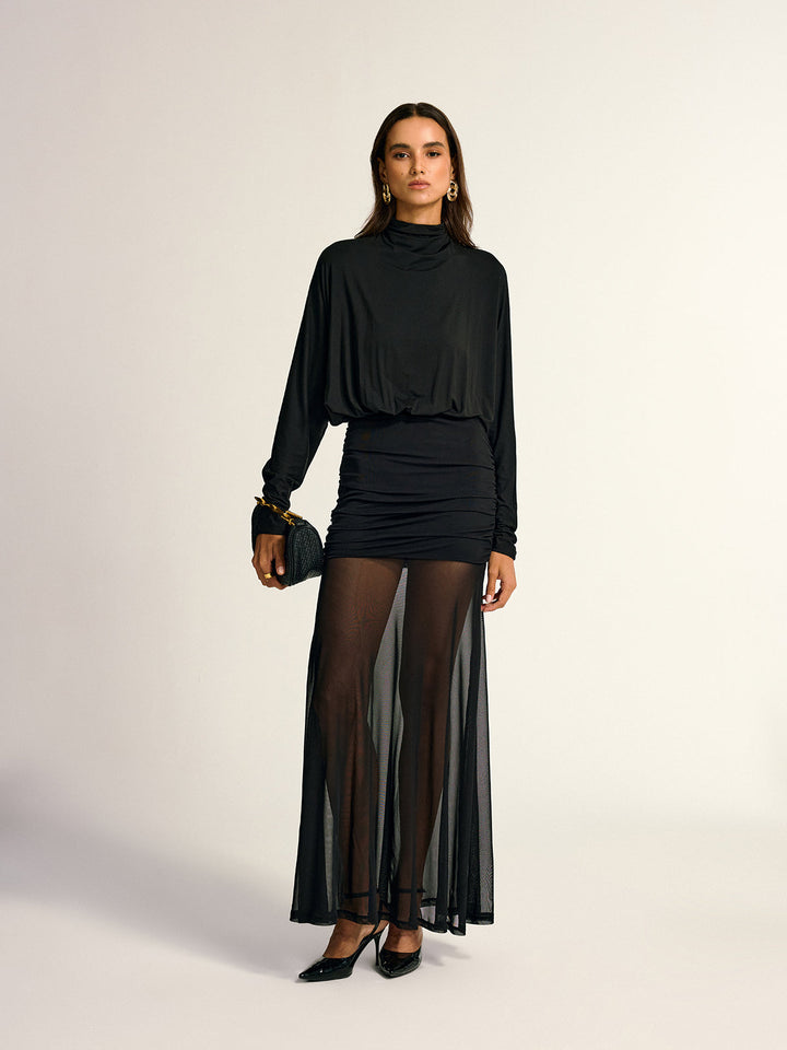 Turtleneck Long Sleeve Drape Ruched Mesh Dress