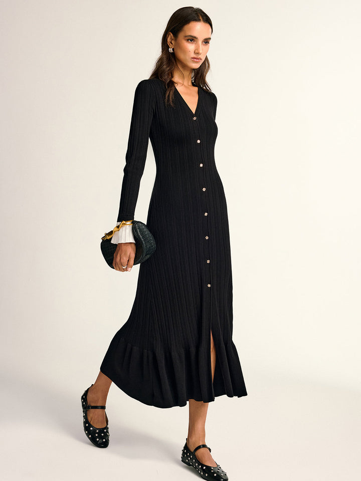 Ruffled Hem Button Front V-Neck Maxi Dress
