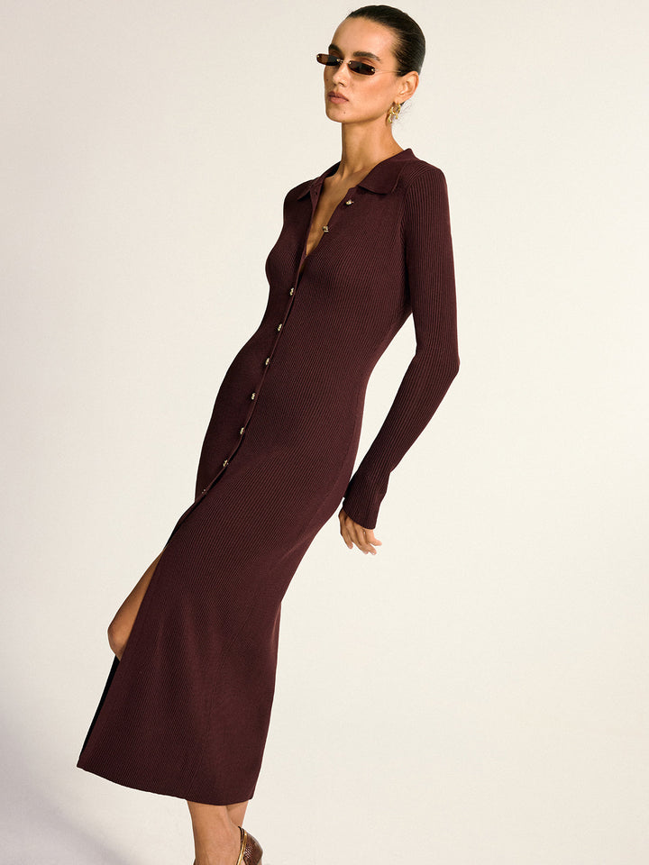 Metal Button Collar Ribbed Knit Midi Dress