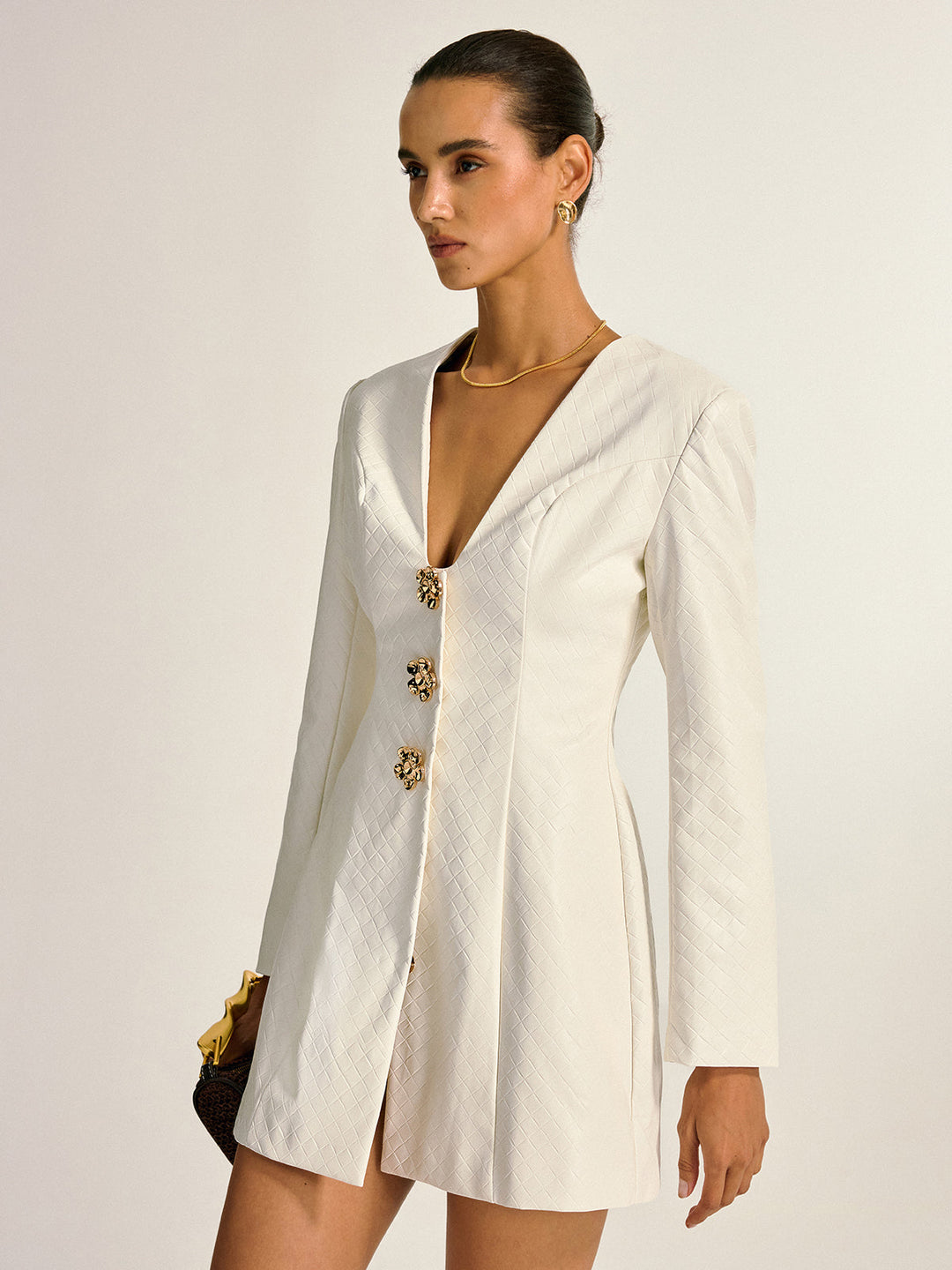 Floral Metal Button Faux Leather Mini Dress