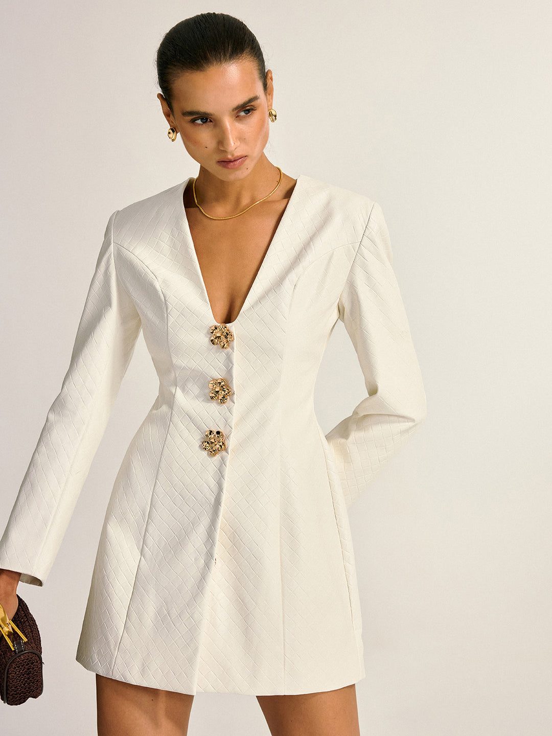 Floral Metal Button Faux Leather Mini Dress