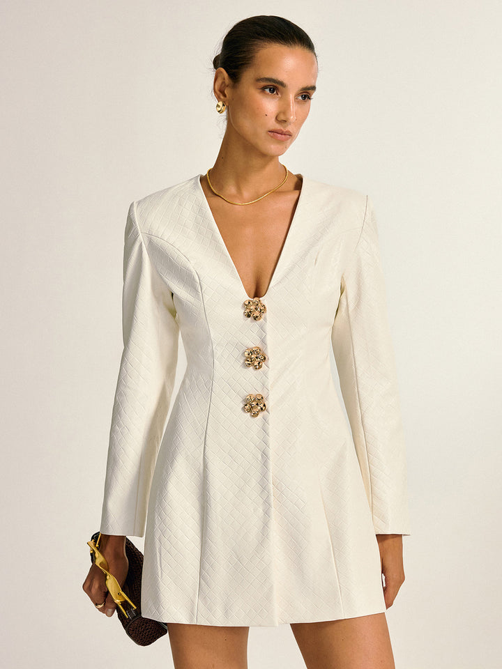 Floral Metal Button Faux Leather Mini Dress