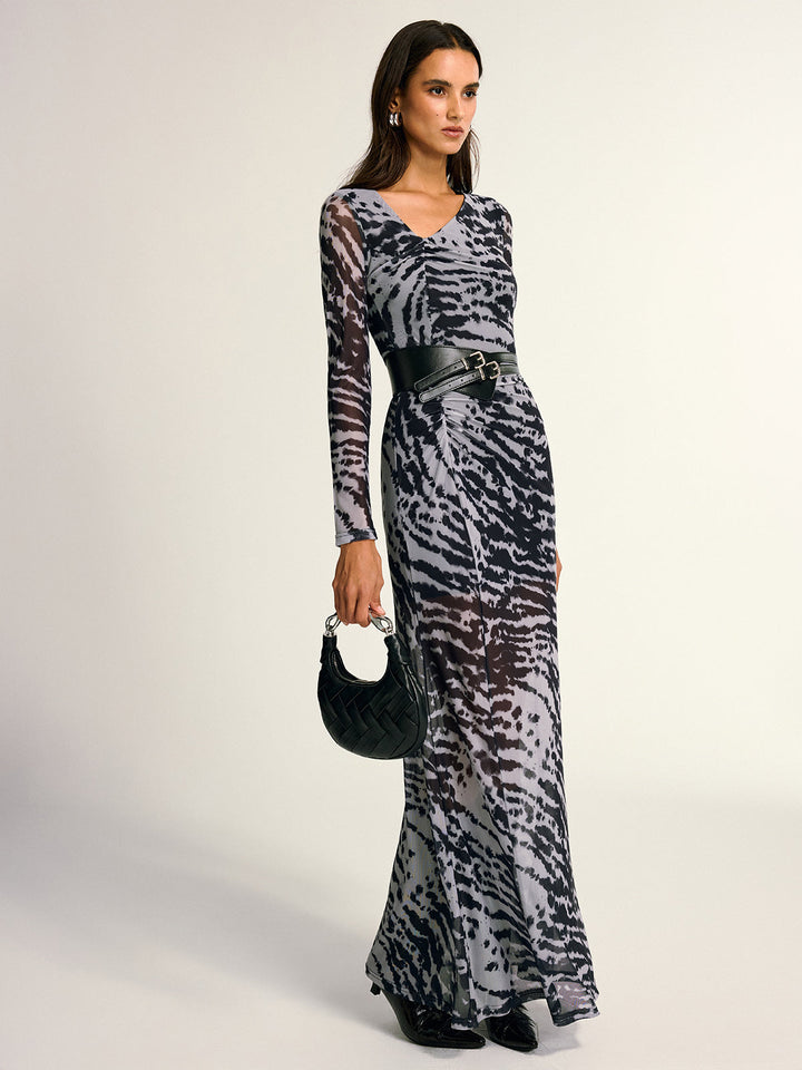 Long Sleeve Ruched Abstract Print Dress