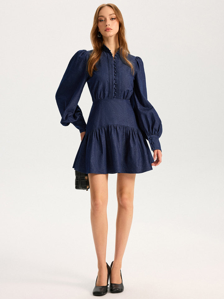 Denim Stand Collar Puff Sleeve Mini Dress