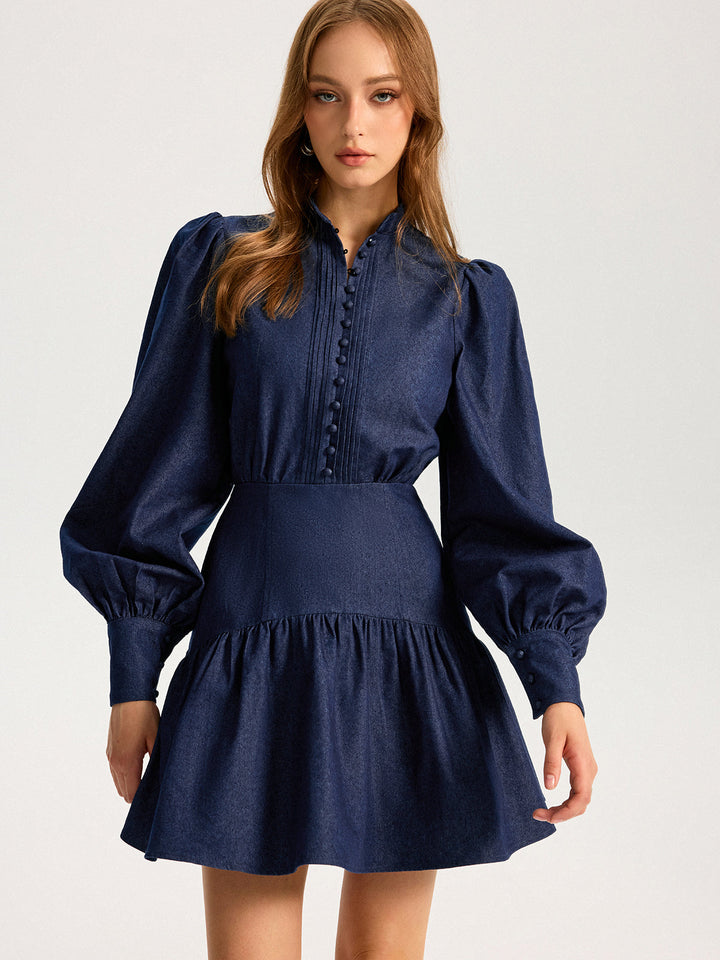 Denim Stand Collar Puff Sleeve Mini Dress