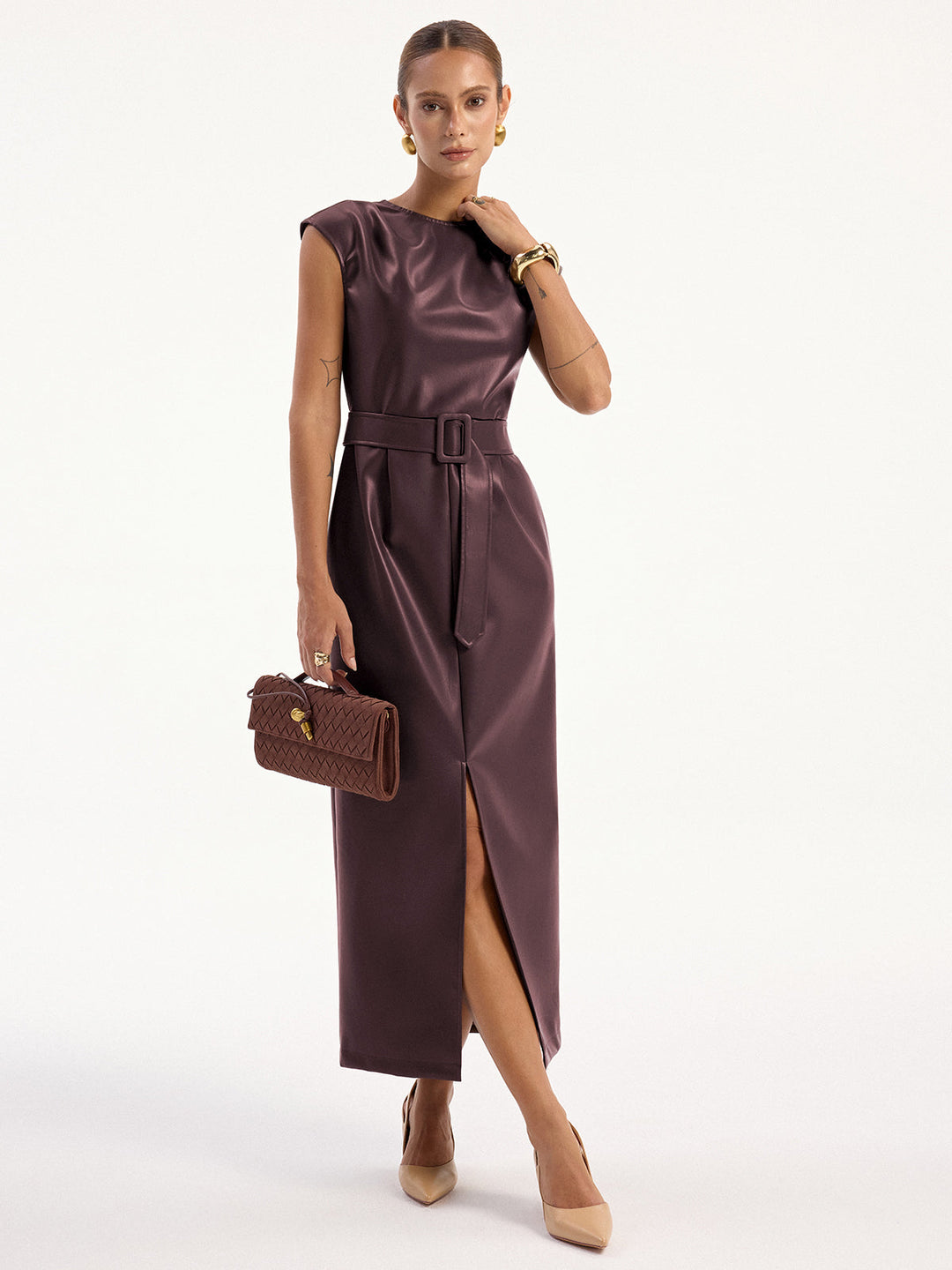 PU Leather Sleeveless Belted Midi Dress