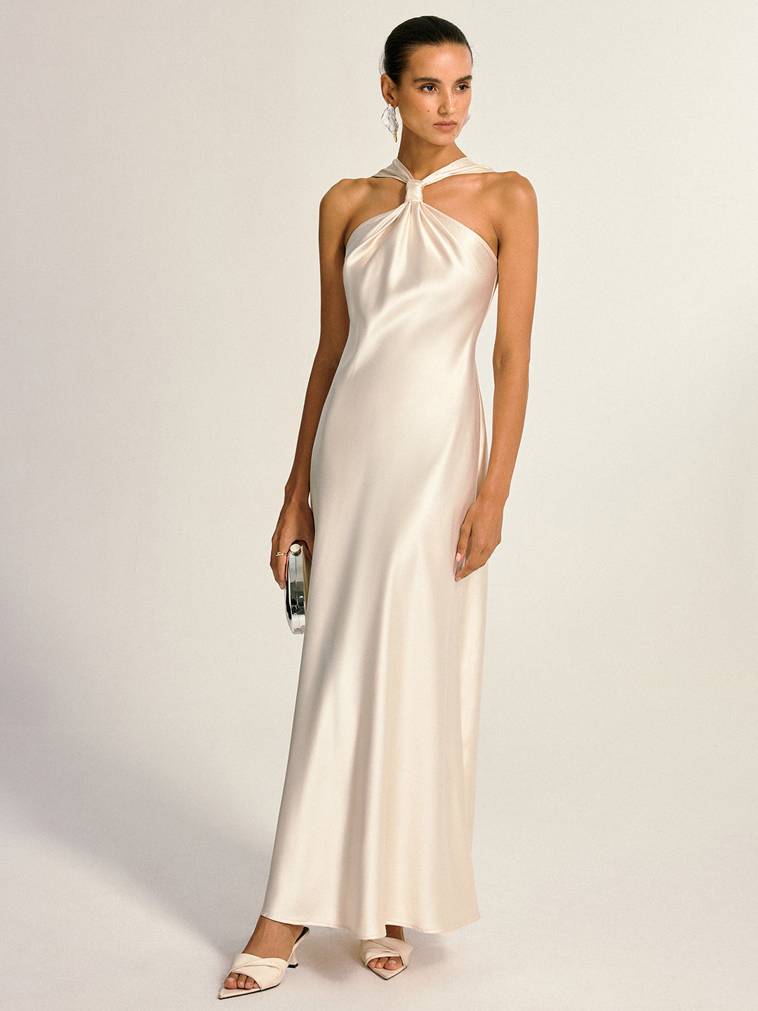 Satin Halter Neck Slit Back Maxi Dress