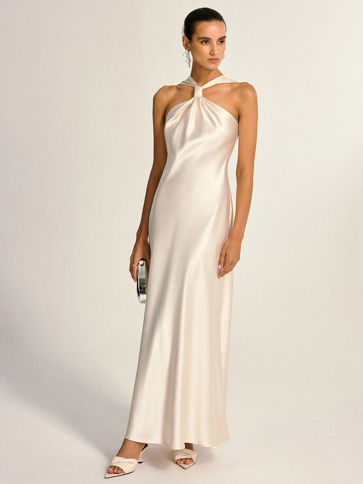 Satin Halter Neck Slit Back Maxi Dress