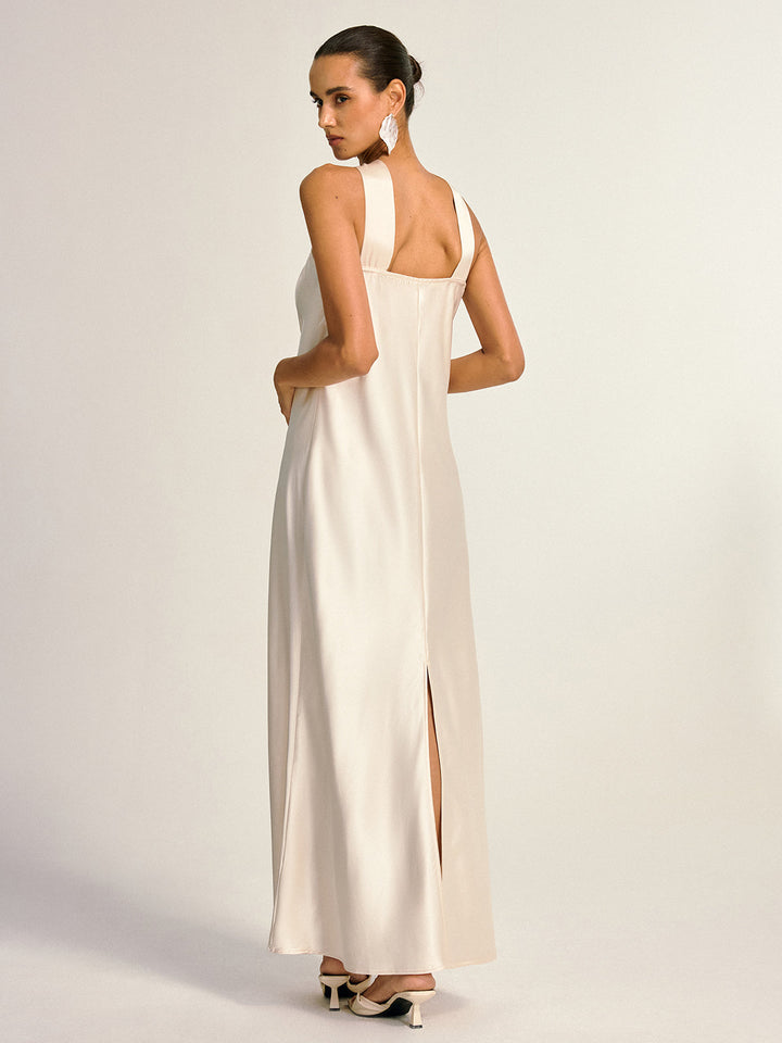 Satin Halter Neck Slit Back Maxi Dress