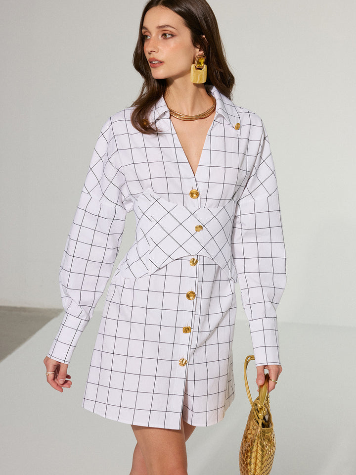 Metal Button Checked Cotton Shirt Dress