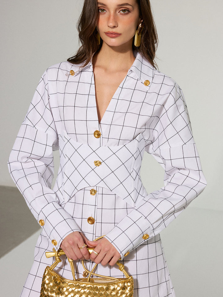 Metal Button Checked Cotton Shirt Dress