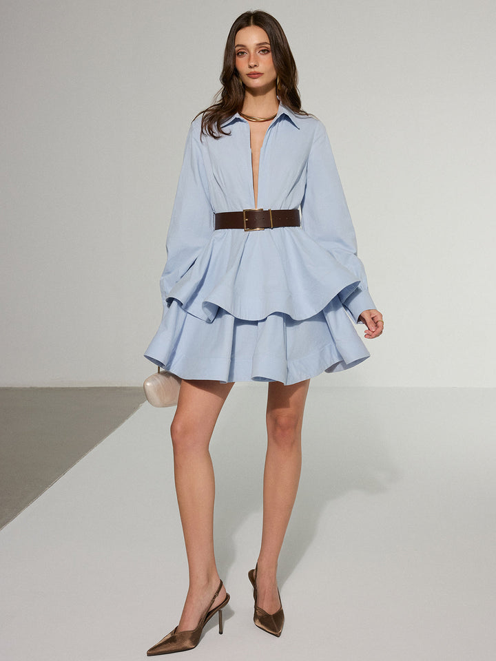 Belted Zip-From Cotton Tiered Shirt Dress