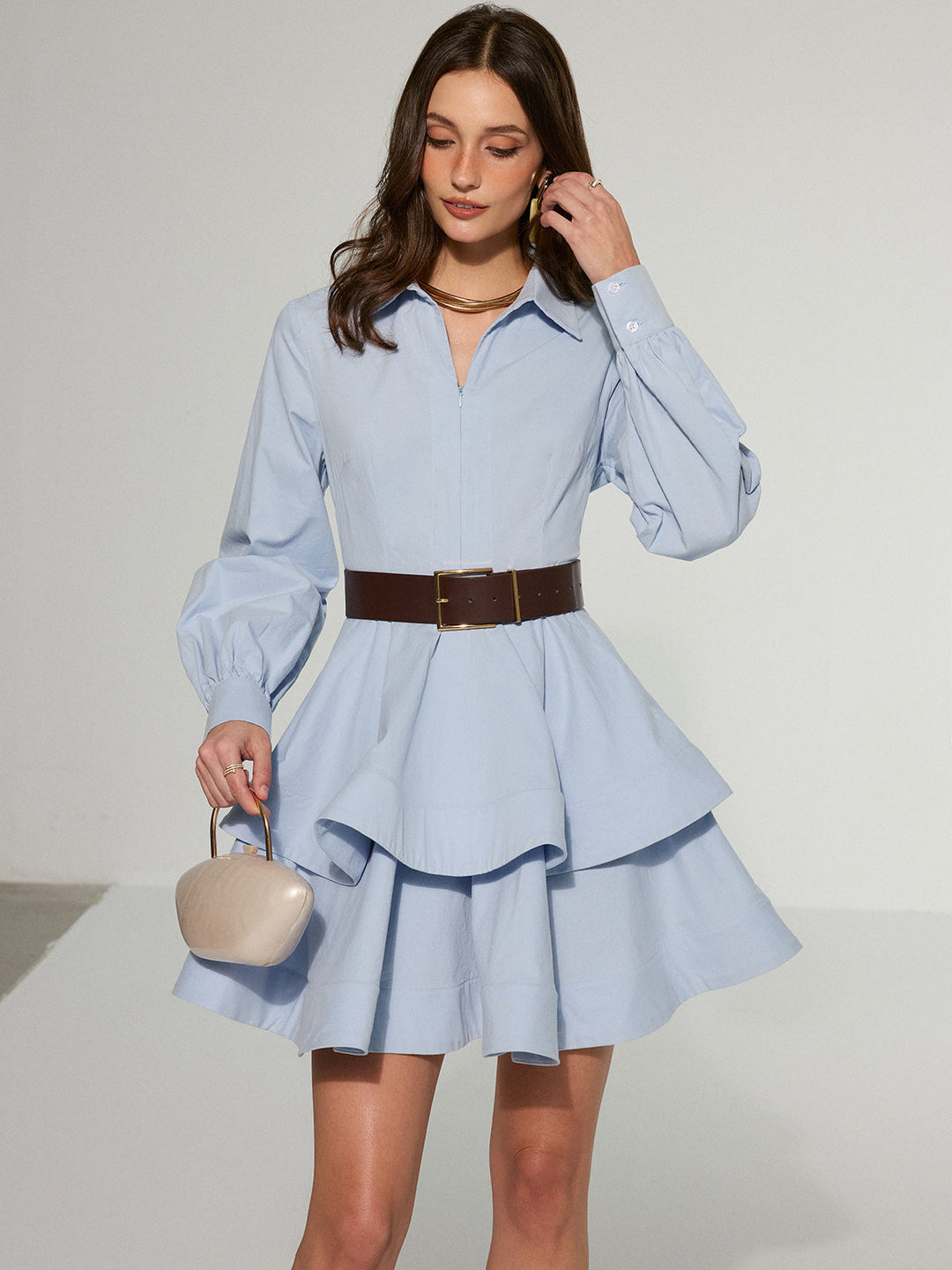 Belted Zip-From Cotton Tiered Shirt Dress