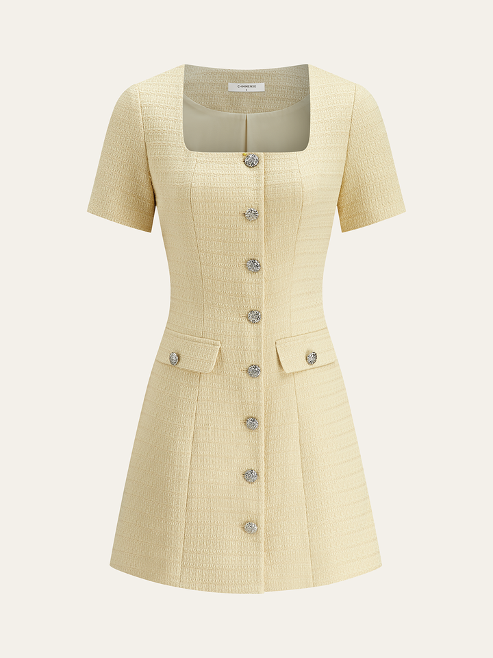 Tweed Square-Neck Button Mini Dress