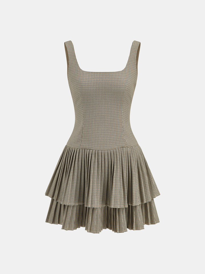 Square Neck Pleated Gingham Tiered Dress