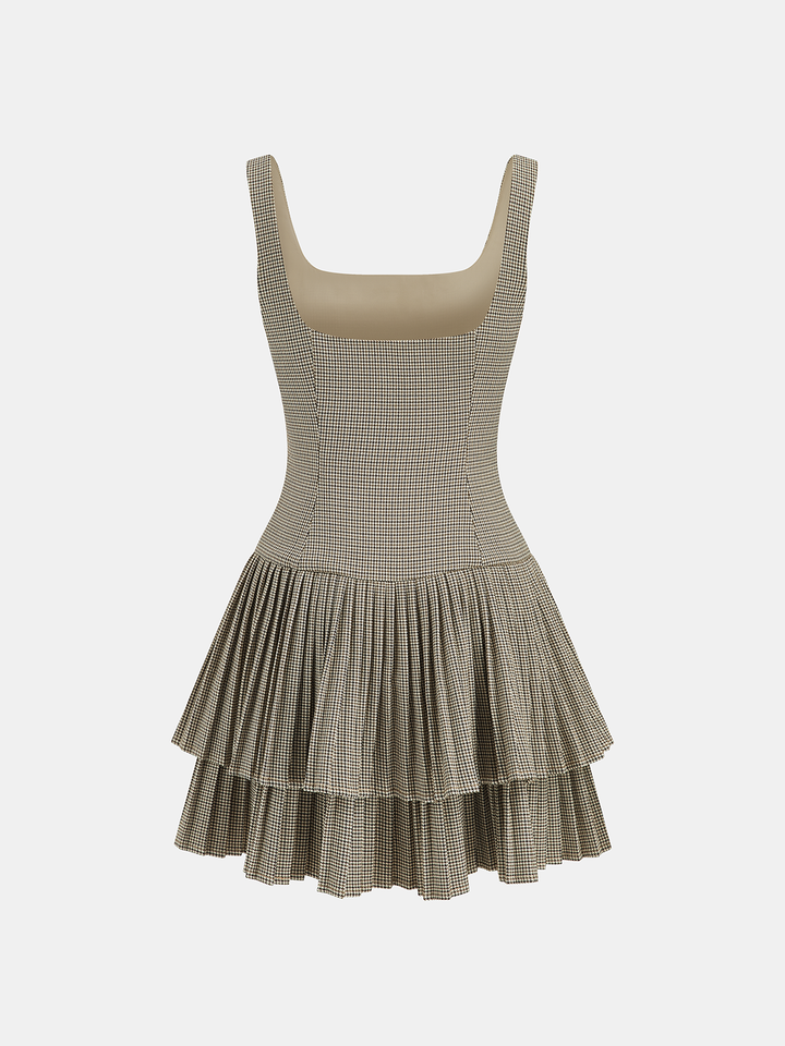 Square Neck Pleated Gingham Tiered Dress
