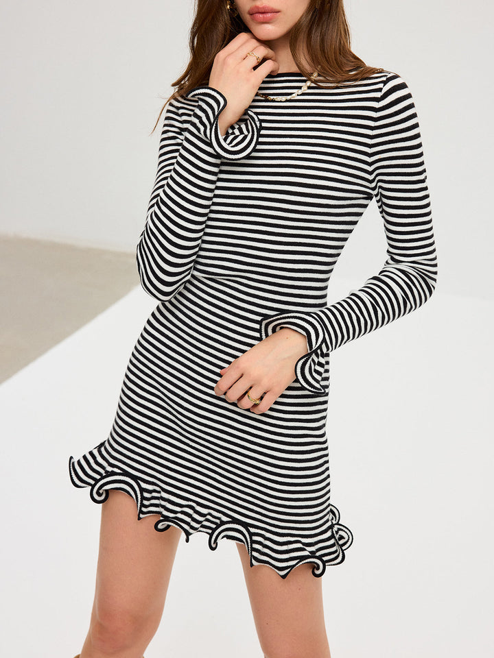 Long Sleeve Striped Ruffle Hem Mini Dress
