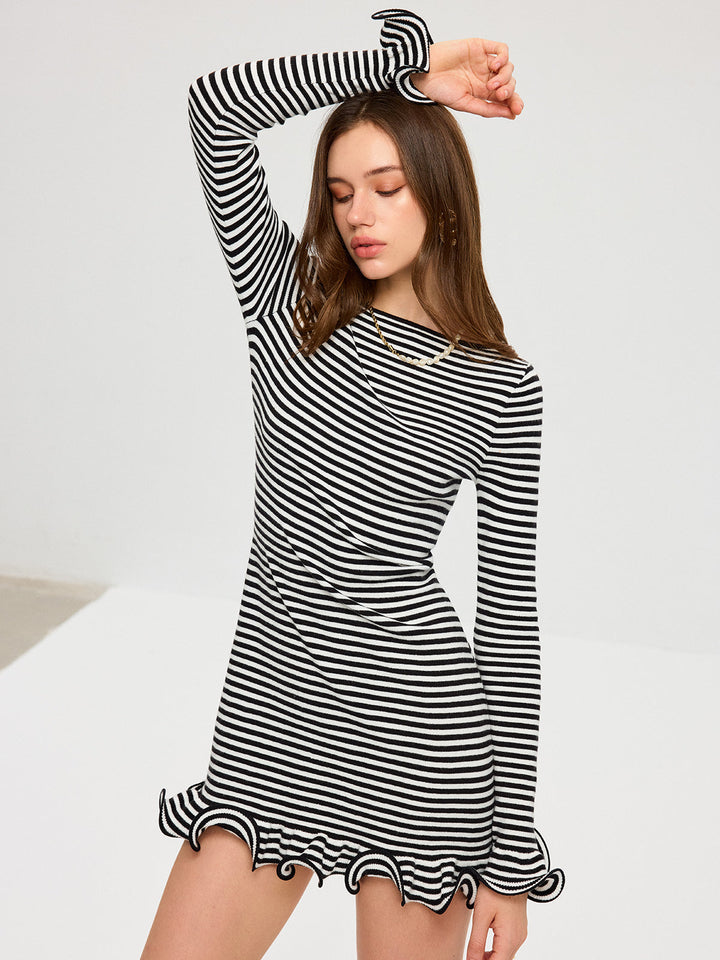 Long Sleeve Striped Ruffle Hem Mini Dress