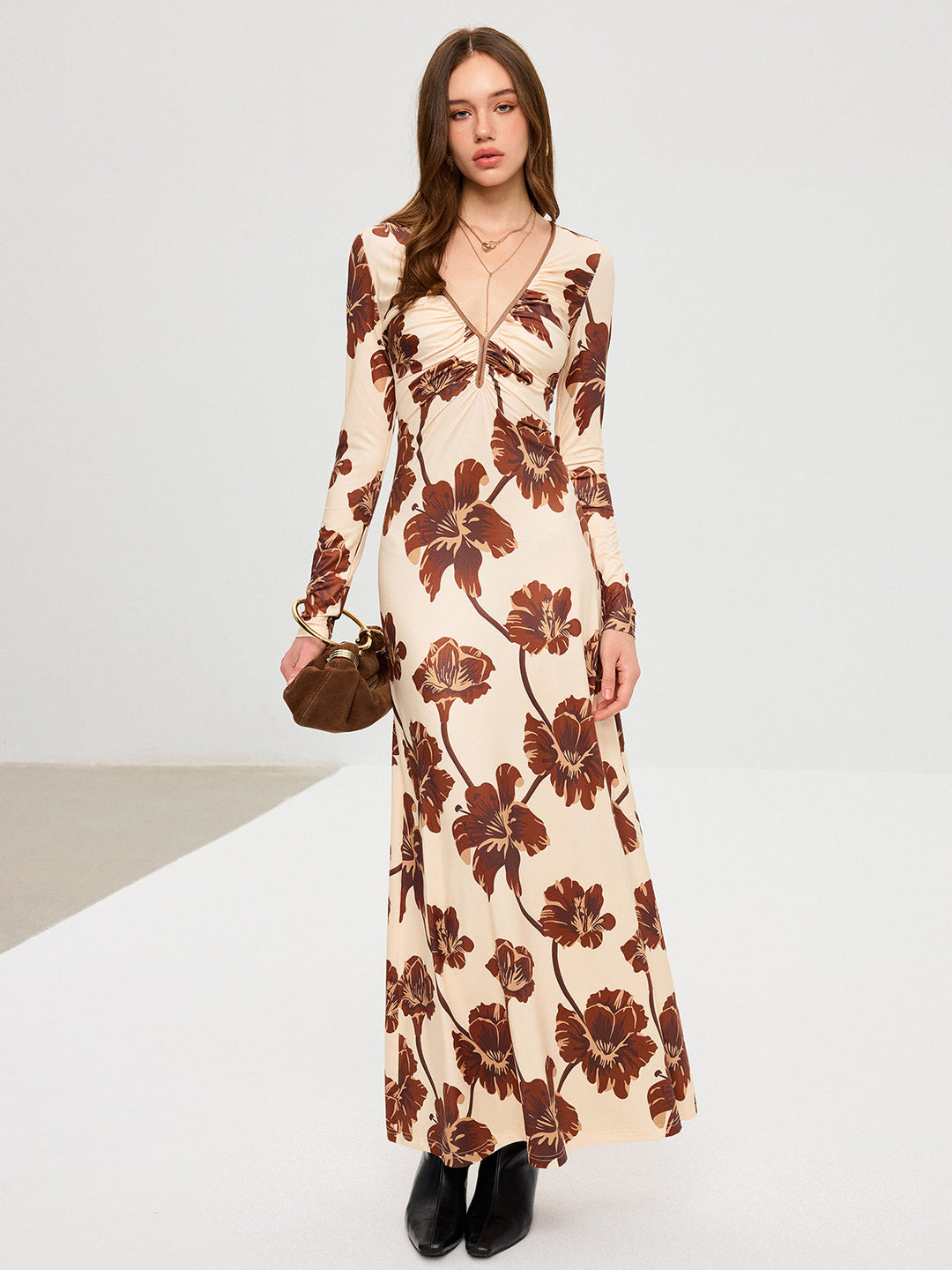 Floral Print V-Neck Maxi Dress