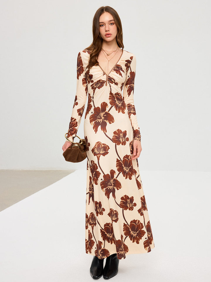 Floral Print V-Neck Maxi Dress