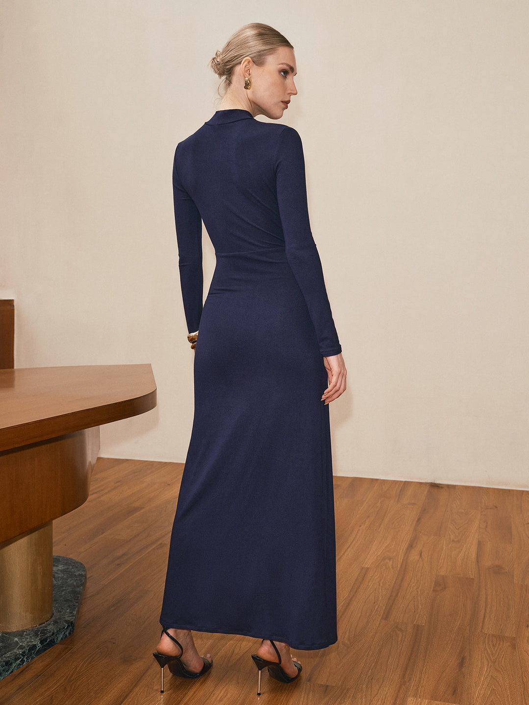 Mock Neck Ruched Slit Maxi Dress