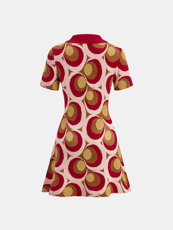 Vintage Print Polo Collar Sweater Dress