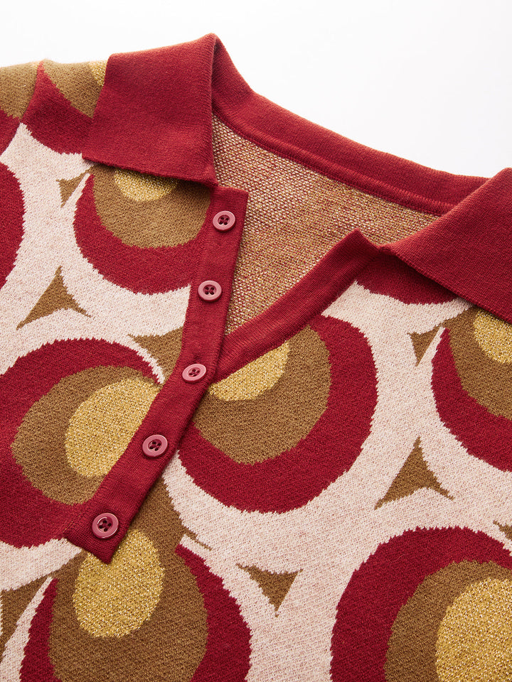 Vintage Print Polo Collar Sweater Dress