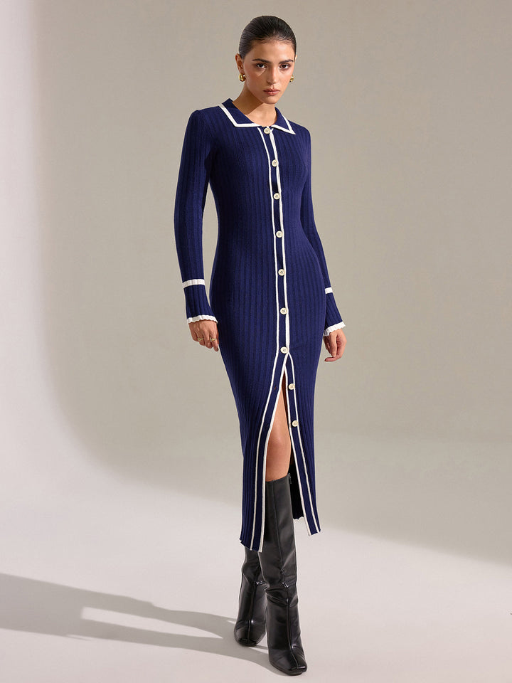 Contrast Trim Button Front Slim Fit Midi Dress