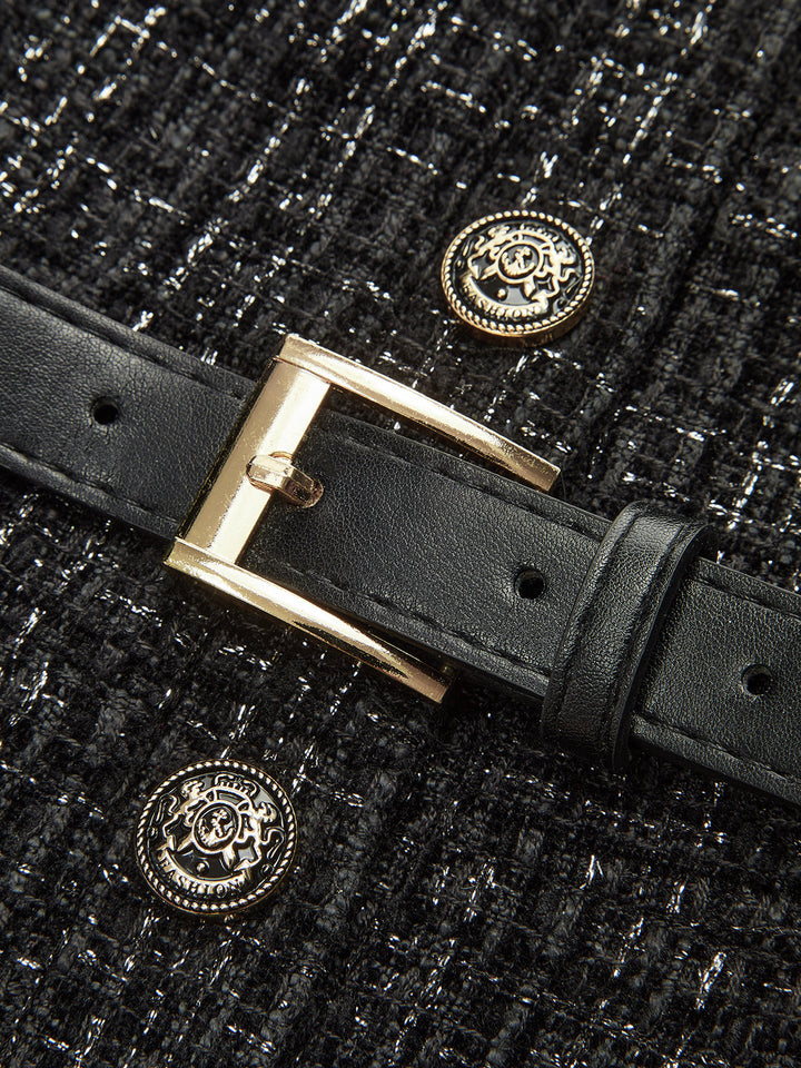 Faux Fur Collar Tweed Belted Mini Dress