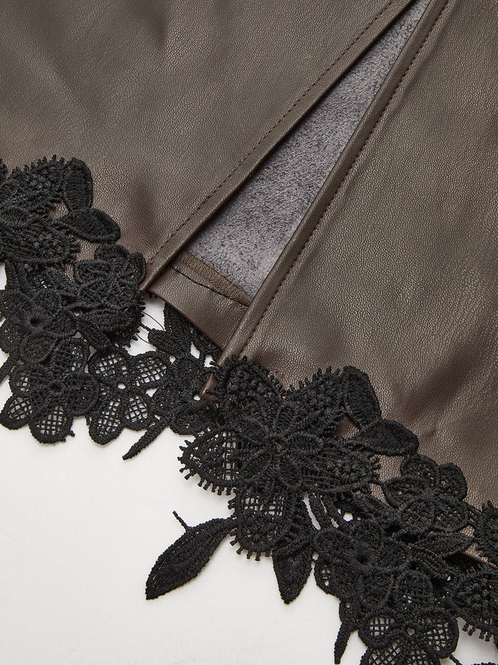 Lace Trim PU Leather Sleeveless Maxi Dress