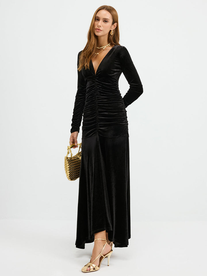 Velvet Ruched Plunge Maxi Dress