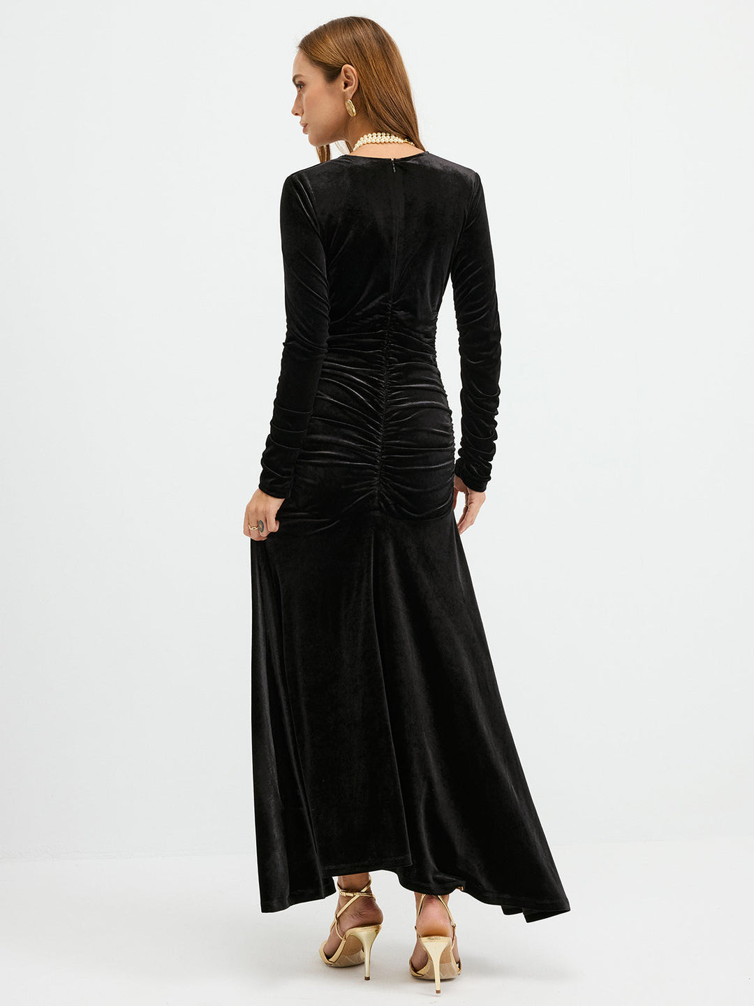 Velvet Ruched Plunge Maxi Dress