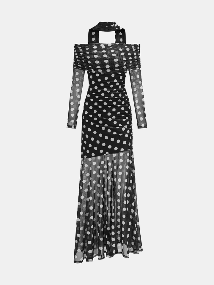 Floral Print Off-Shoulder Mesh Maxi Dress with Scarf Detail