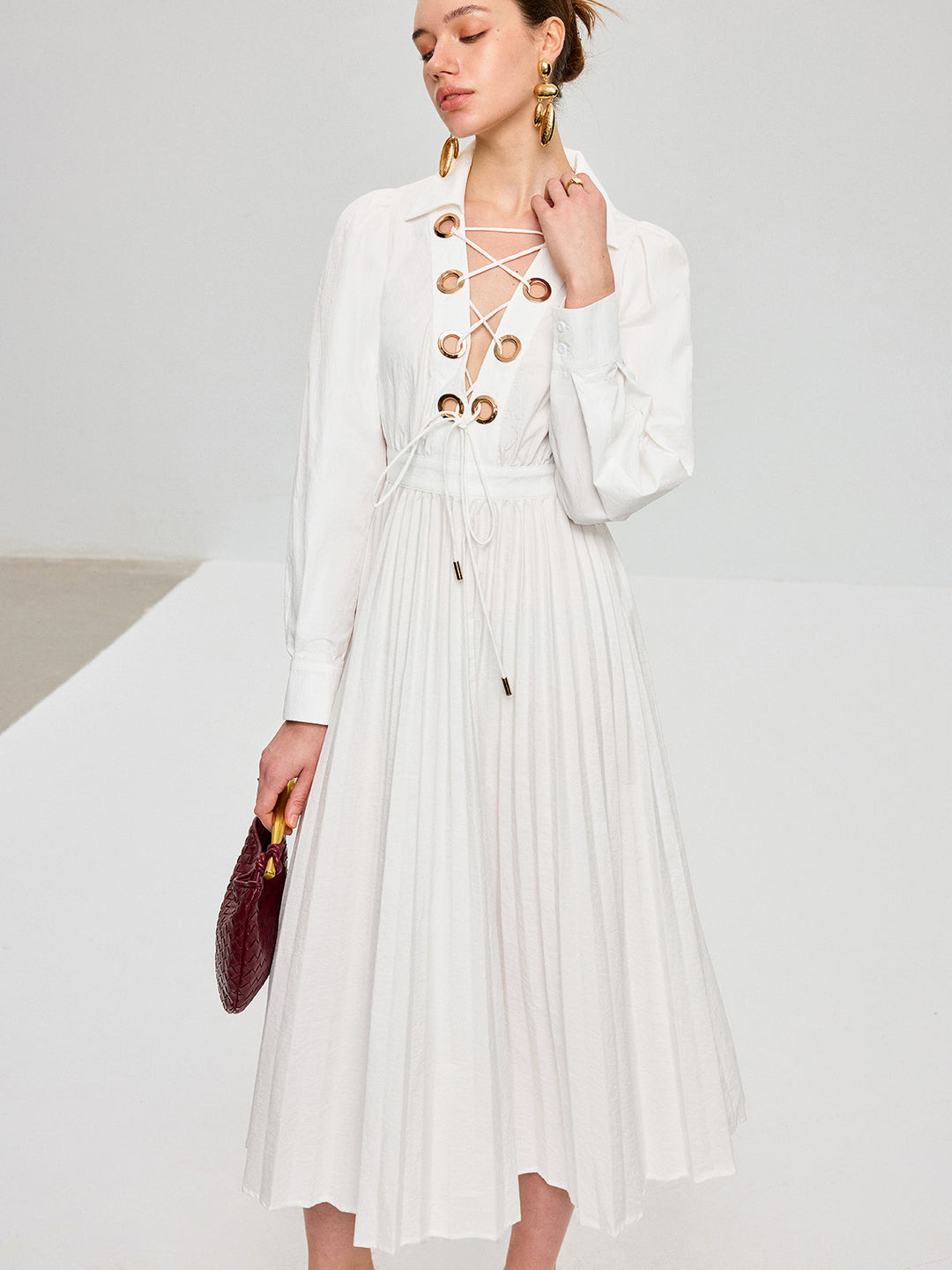 Lace-Up Pleated Midi Dress