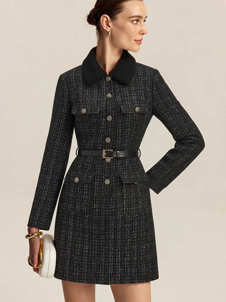 Faux Fur Collar Tweed Belted Mini Dress