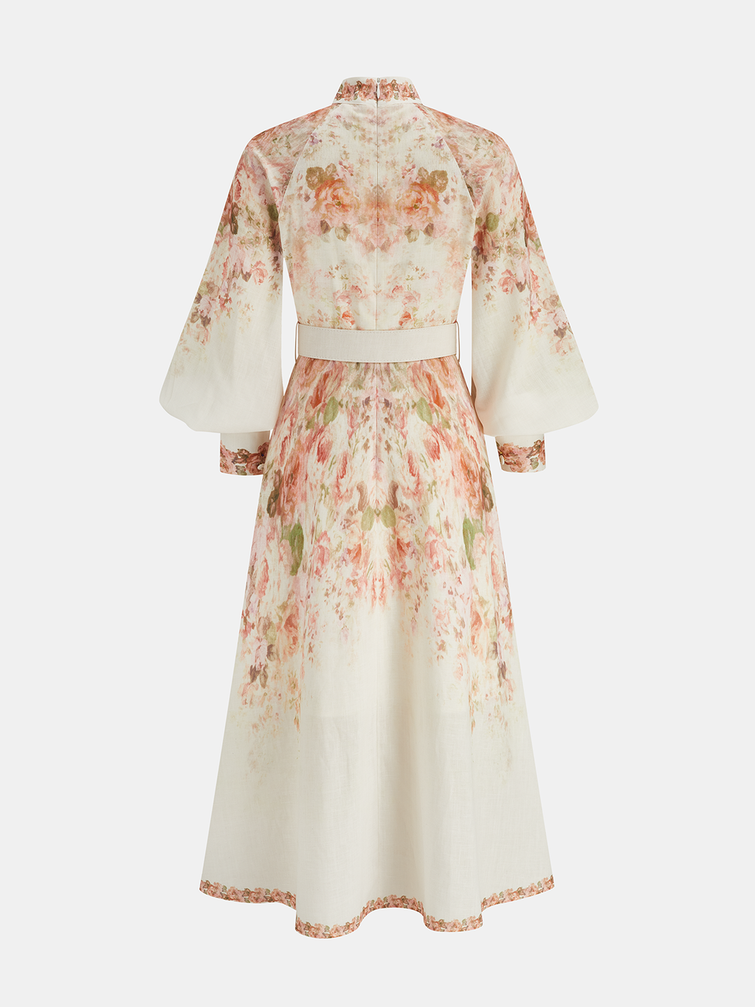 Leg-Of-Mutton Sleeve Floral Print Belted Maxi Dress