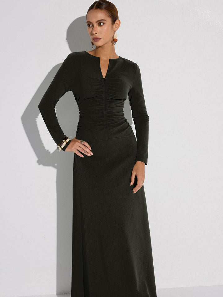 Zipper-Front Ruched Maxi Dress